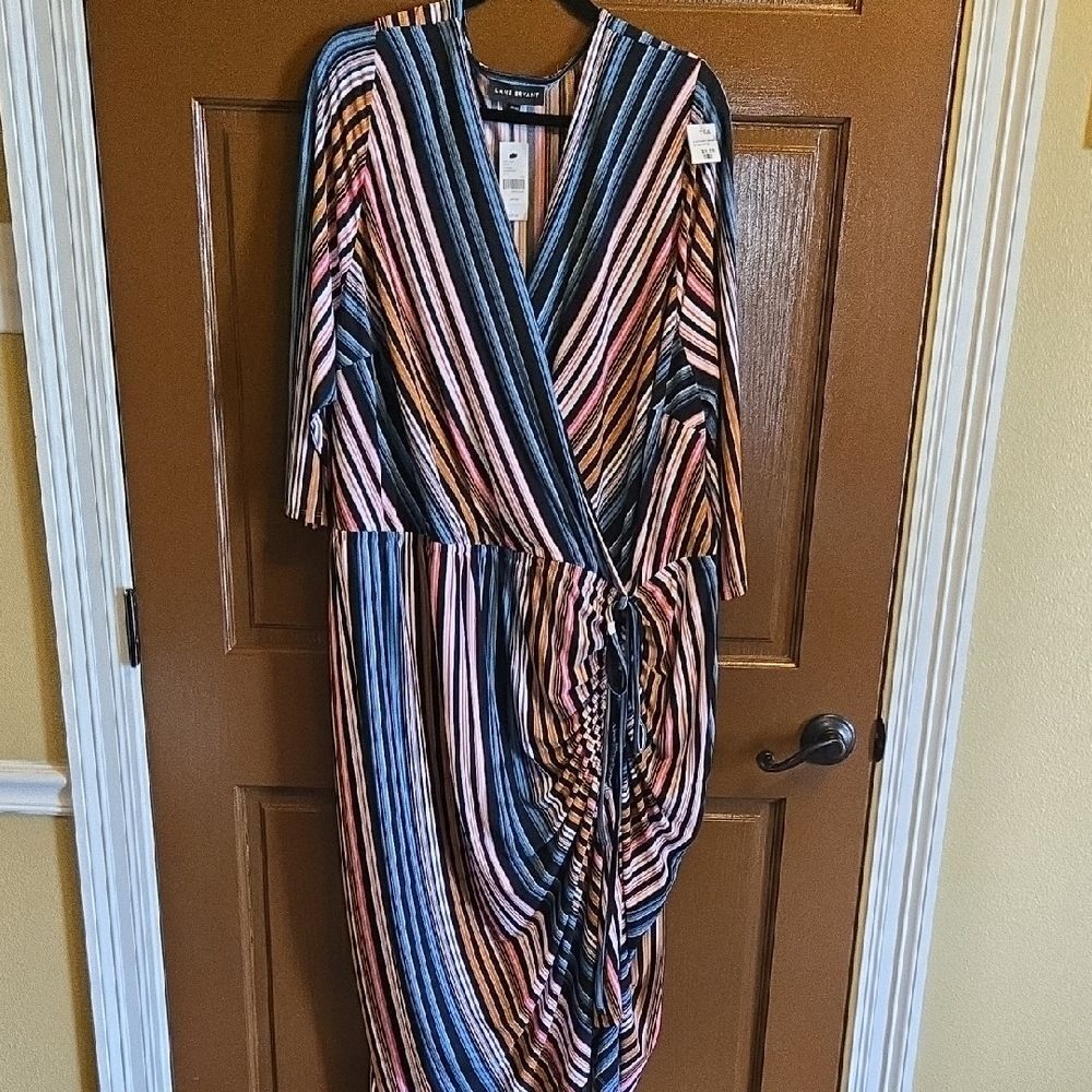 Lane Bryant-Multi colored striped 3/4 sleeved dress with side draping Sz 30 NWT.